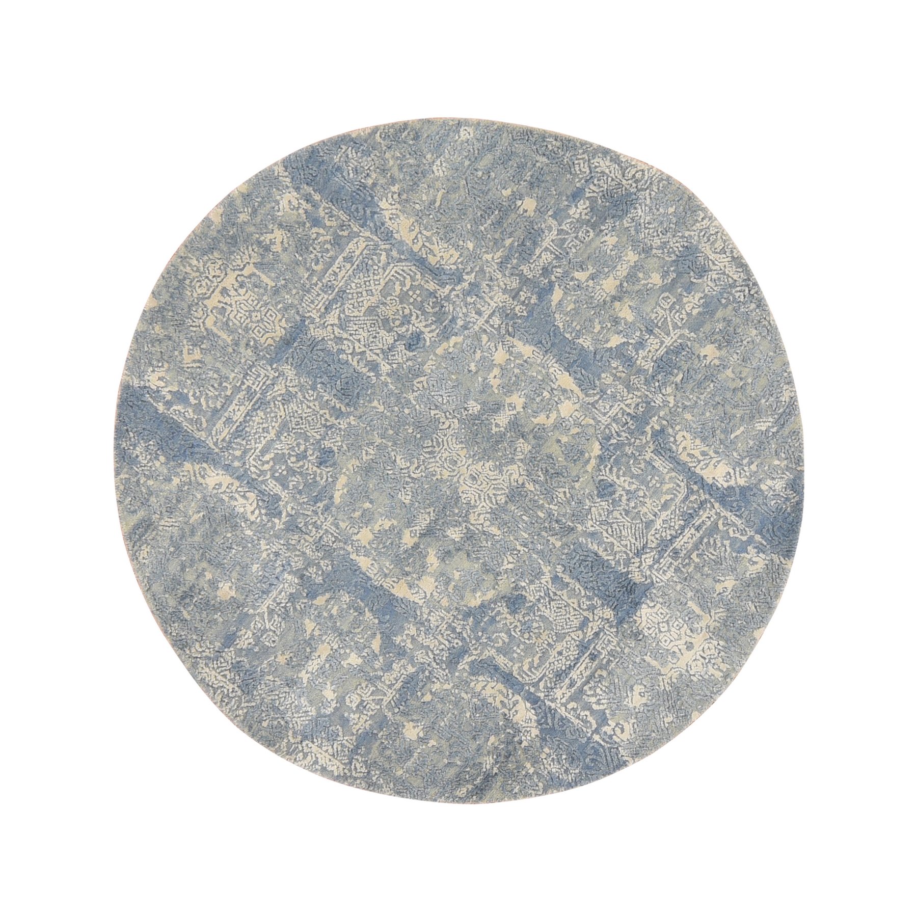 4'x4' Stone Blue, Wool and Pure Silk, Jewelry Design, Hand Knotted, Round, Oriental Rug 